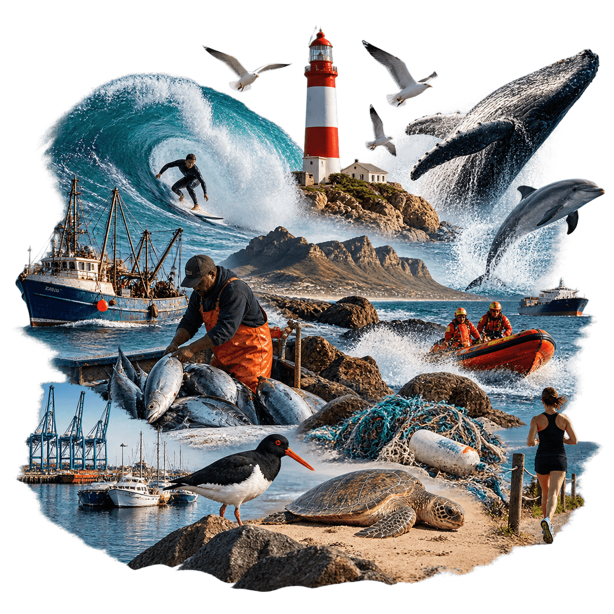 A coastal collage of surfing, fishing, harbour life, whales, dolphins and shoreline scenes along South Africa’s coast